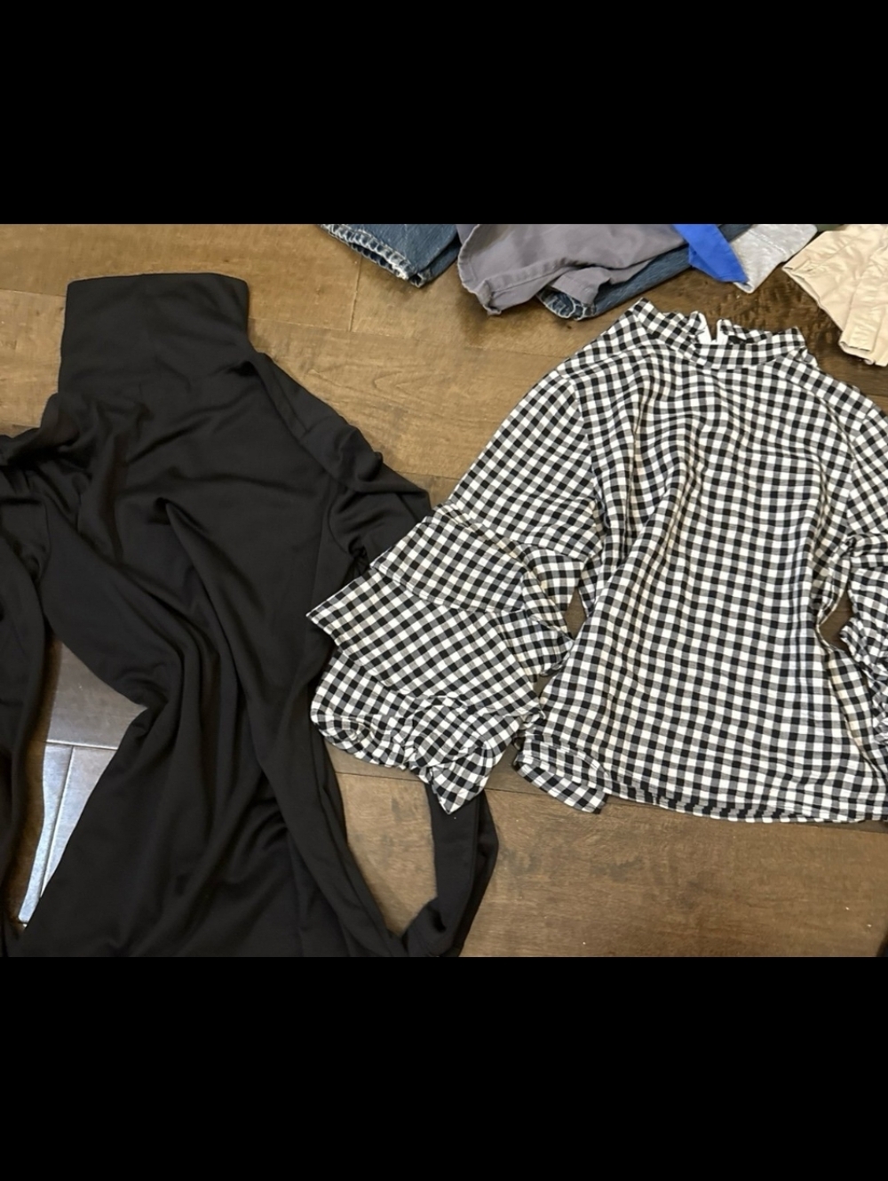 Black Turtle Kneck and Black & White Gingham Bell Sleeve Top